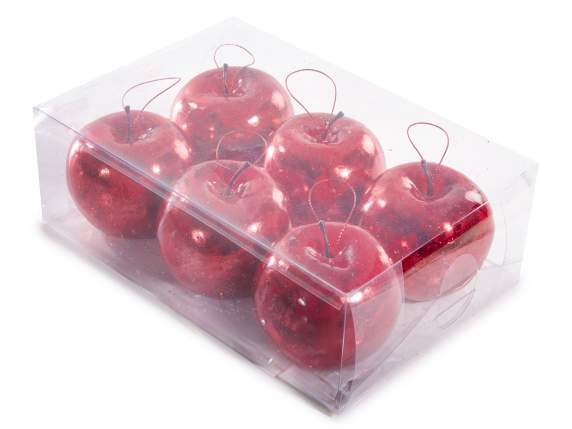 Boîte de 6 pommes rouges avec ruban à suspendre