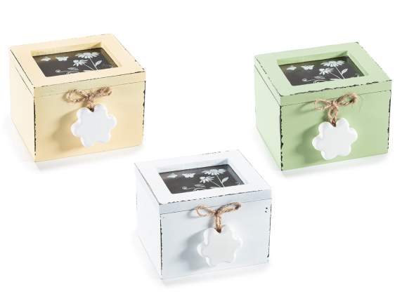 Boîte à thé - épices en bois et verre avec pendentif fleur