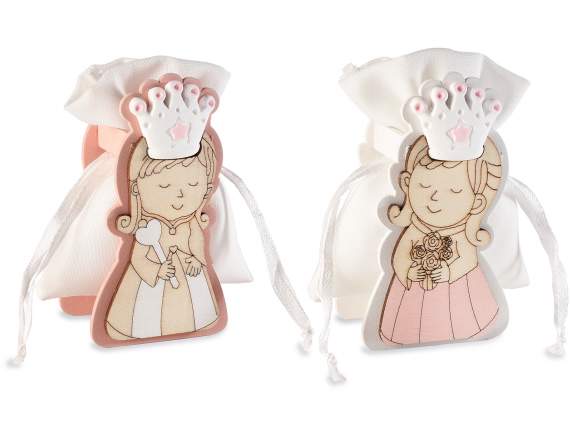 Princesse en bois avec couronne en plâtre et sac à cordon