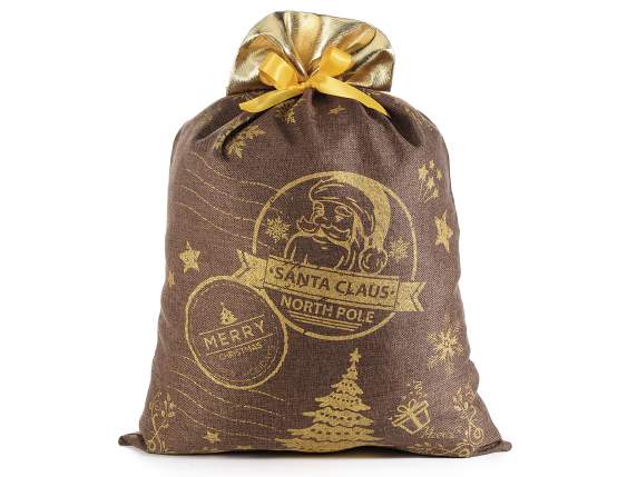 Saco de regalos navideño en tela y borde dorado brillante