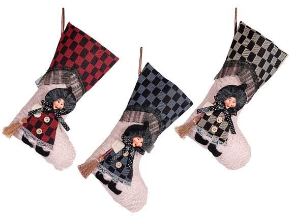 Chaussette en tissu avec résine Befana et balai à suspendre