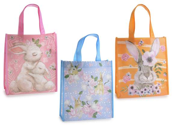 Borsa in tessuto non tessuto con stampa coniglietti