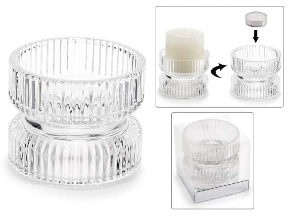 Bougeoir moleté à double usage en verre transparent