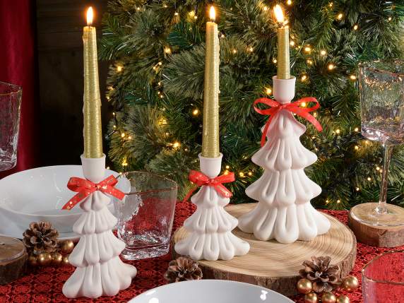 Lot de 3 bougeoirs arbre en porcelaine mate avec nœud