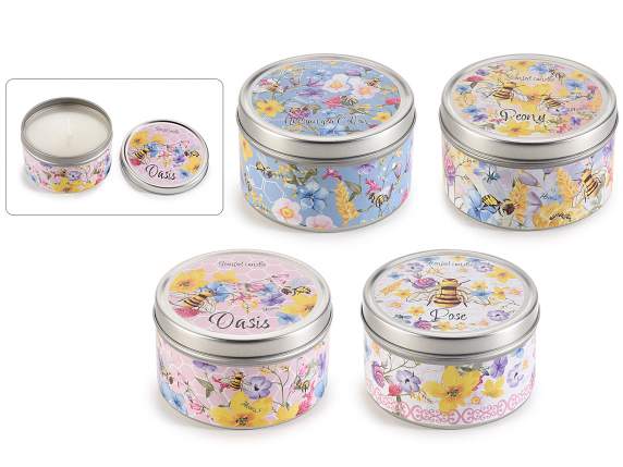 Bougie parfumée dans une boîte ronde en métal fleurs