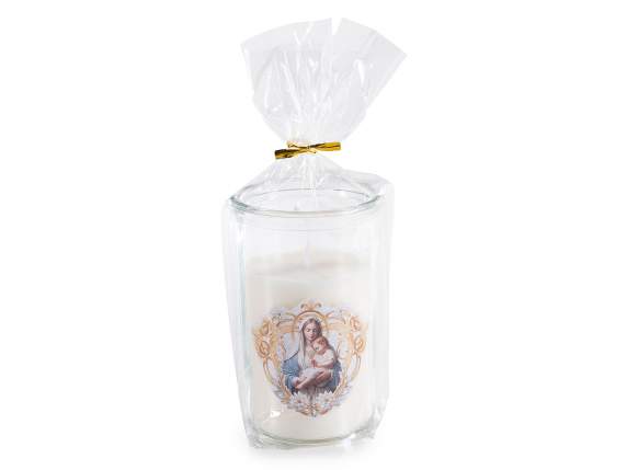 Bougie votive avec images sacrées dans un bocal en verre