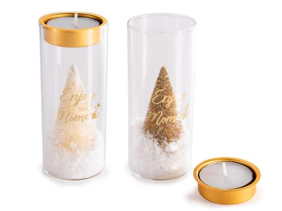 Bocal en verre avec photophore doré, neige et arbre