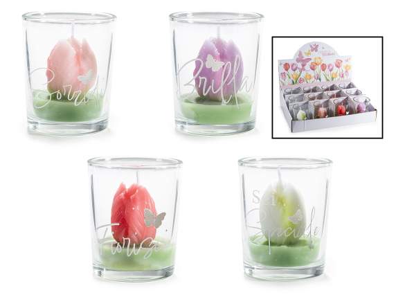 Bougie tulipe dans un bocal en verre avec inscription