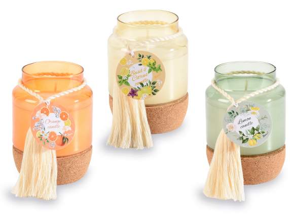 Bougie parfumée, pot en verre, base en liège et pompon