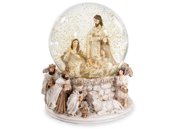 Boule à neige avec crèche sur socle résine avec personnages