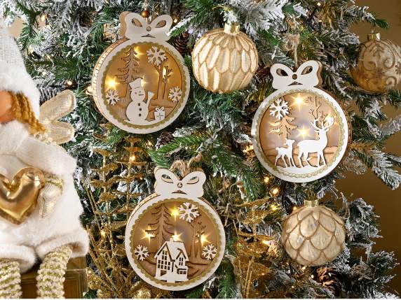 Boule en bois à thème de Noël et lumières LED à suspendre