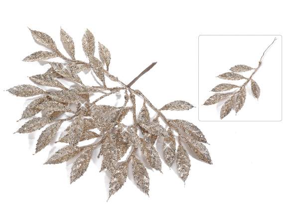 Bouquet de 6 branches de feuilles pailletées bronze
