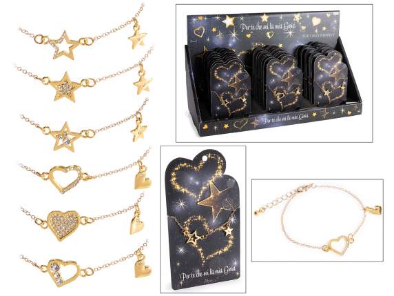 Bracelet en métal avec 2 pendentifs coeur ou étoile avec str