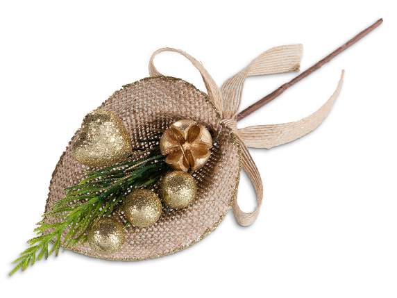 Golden berry and pine needle sprig with jute bow