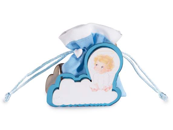 Décoration de baptême en bois avec sac bleu avec cravate