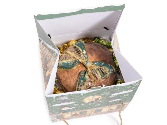 Caja de cartón con asas de cuerda para casa navideña