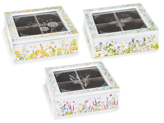 Caja té y especias, madera, vidrio, 4 compartimentos