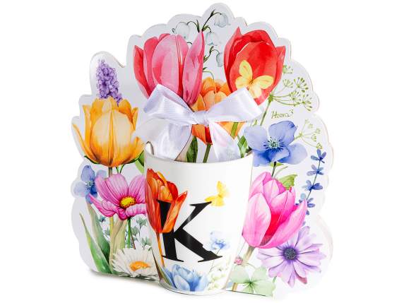 Cană de porțelan de 300 ml cu imprimeu floral și litera K
