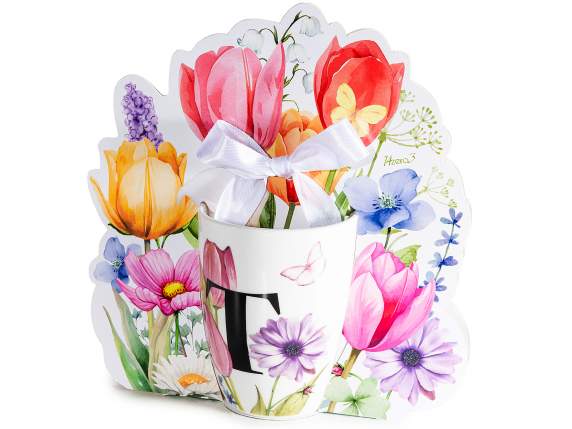 Cană de porțelan de 300 ml cu imprimeu floral și litera T