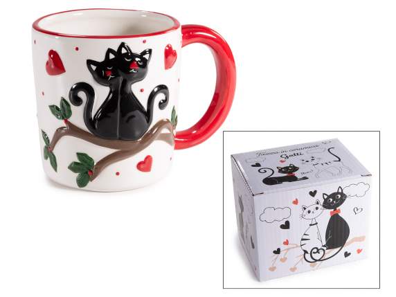 Cană ceramică de 300 ml cu decor în relief cu pisică