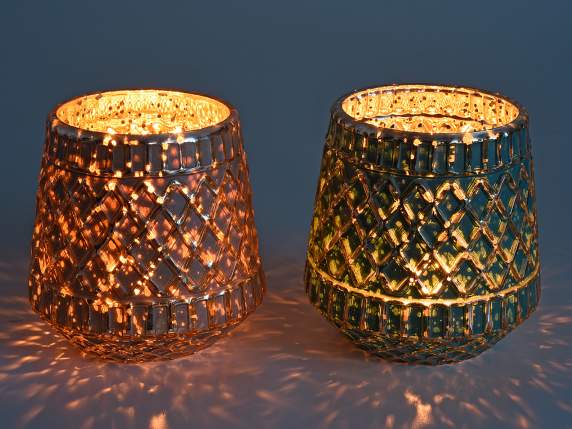 Colored glass candle holder decorated with golden details