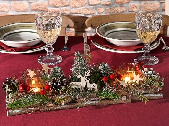 Centre de table enneigé avec 2 bougeoirs