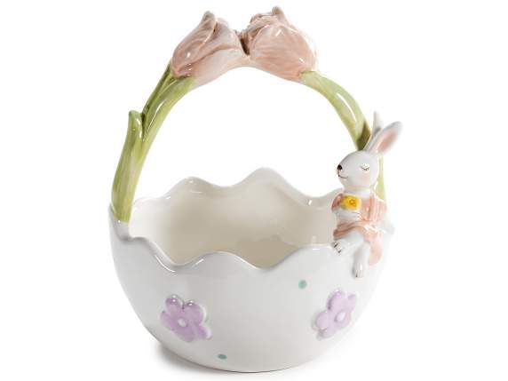 Cesta de huevos de cerámica con conejo y flores en relieve
