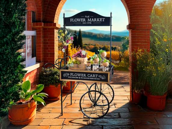 Chariot de présentation en métal noir décoré dune enseigne