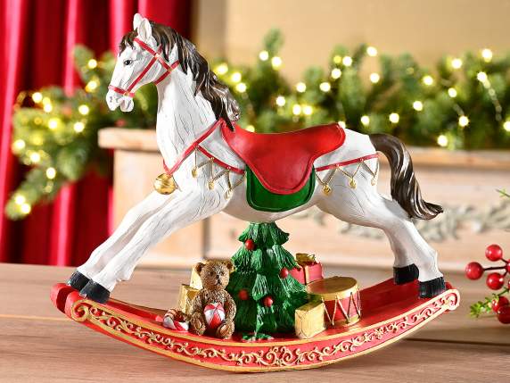 Cheval à bascule en résine avec décorations et clochette