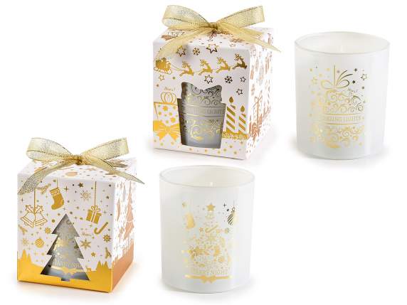 Scented candle in glass jar in box with bow