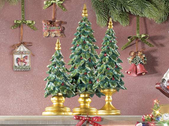Set of 3 resin trees with holly leaves and berries