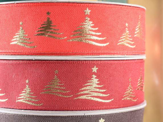 Fabric ribbon with golden Christmas tree print