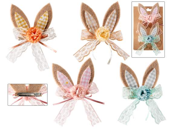 Lot de 2 oreilles de lapin en tissu avec pinces métalliques