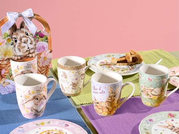 Mug en porcelaine 350 ml avec imprimés lapin et fleurs