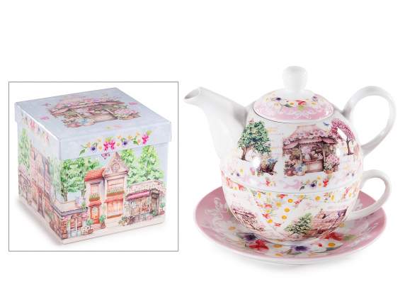 Ensemble de tasse, théière et soucoupe en porcelaine à décor