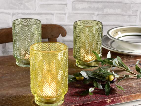 Decorated colored glass candle holder