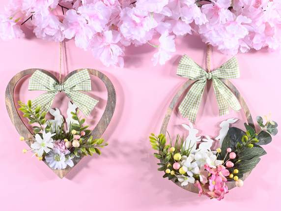 Guirnalda de madera de Pascua para colgar con flores y lazo