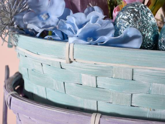 Cos rotund din bambus colorat cu maner rabatabil