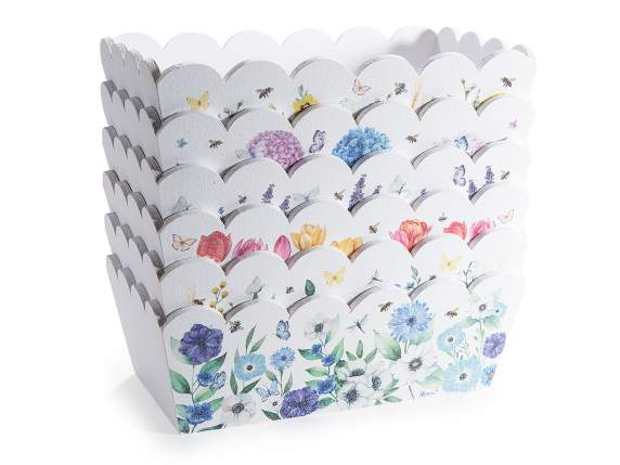 Coș-ladă din lemn cu margini modelate și imprimeu floral