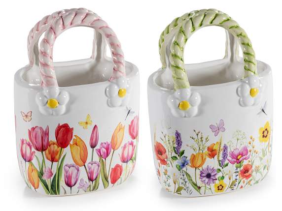 Vază de mână din ceramică lucioasă cu decorațiuni florale