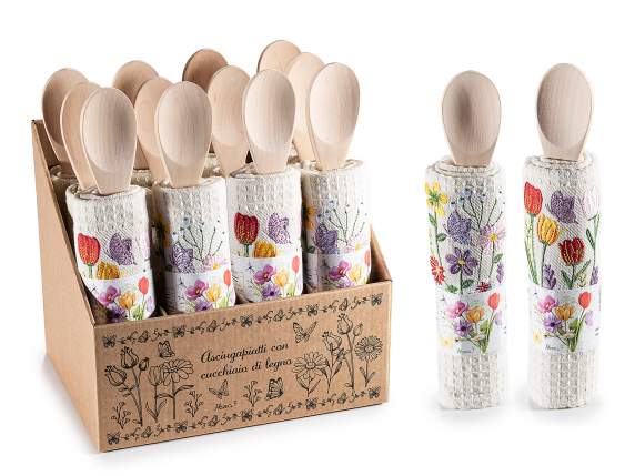 Cotton dish towel with flower embroidery and wooden spoon
