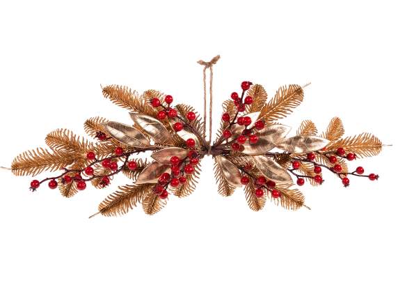 Guirlande de fascina avec baies rouges, branches dorées