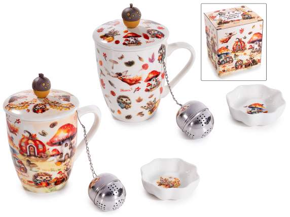 Tasse porcelaine de 350 ml avec couvercle,soucoupe et filtre