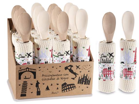 Torchon en coton brodé Italie avec cuillère en bois