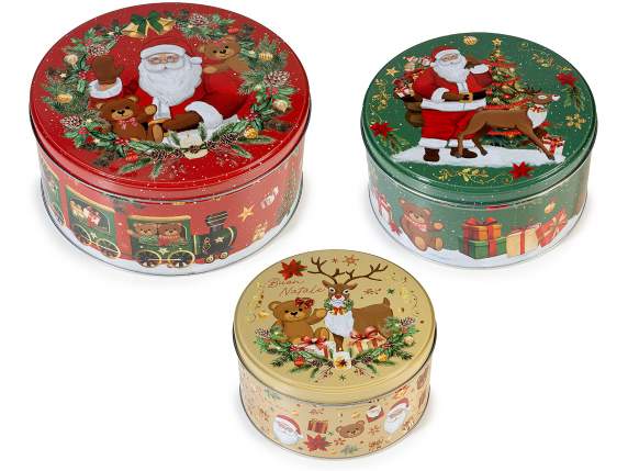 Set de 3 cutii rotunde din metal alimentar pentru Crăciun