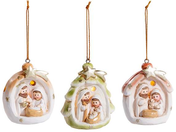 Crèche en résine colorée avec lumières LED à suspendre