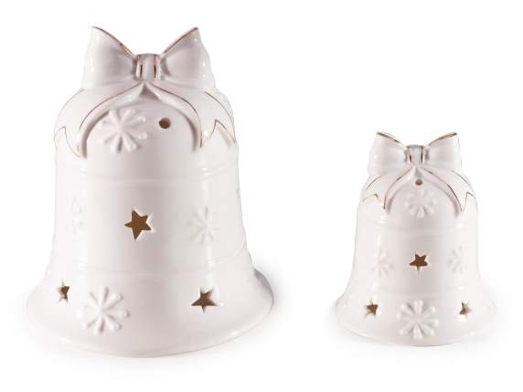 Lot de 2 cloches en porcelaine avec noeud, lumières LED