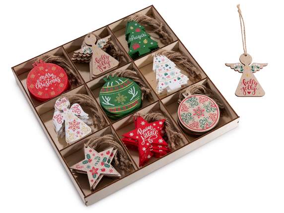 Présentoir 72 décorations de Noël en bois colorées à suspend