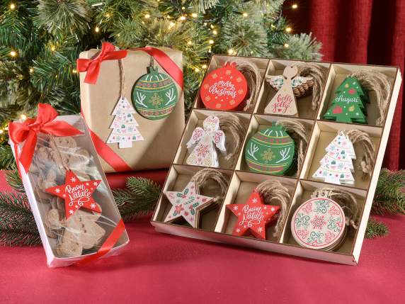Présentoir 72 décorations de Noël en bois colorées à suspend