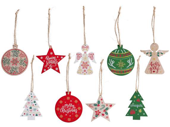Présentoir 72 décorations de Noël en bois colorées à suspend